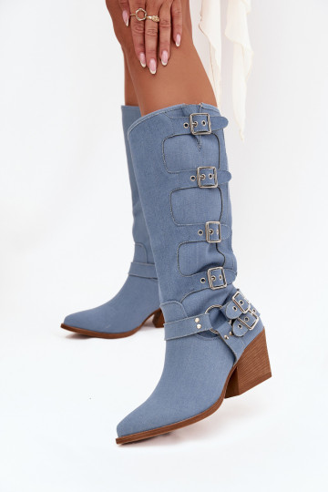 Jeans kniehohe Stiefel im Cowboy-Stil mit Absatz und Schnallen Fivelle 2