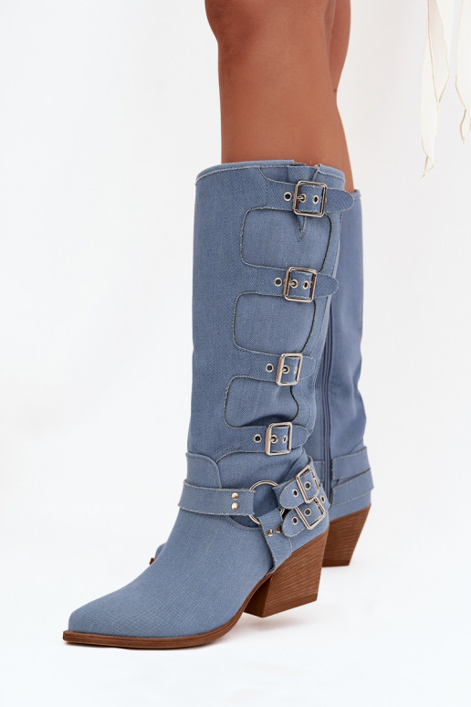 Jeans kniehohe Stiefel im Cowboy-Stil mit Absatz und Schnallen Fivelle