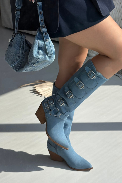 Jeans kniehohe Stiefel im Cowboy-Stil mit Absatz und Schnallen Fivelle