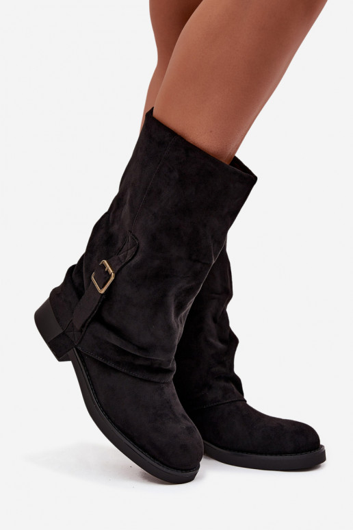 Schwarze Damen Stiefeletten mit Schnallen bis zur Wadenmitte Minelle