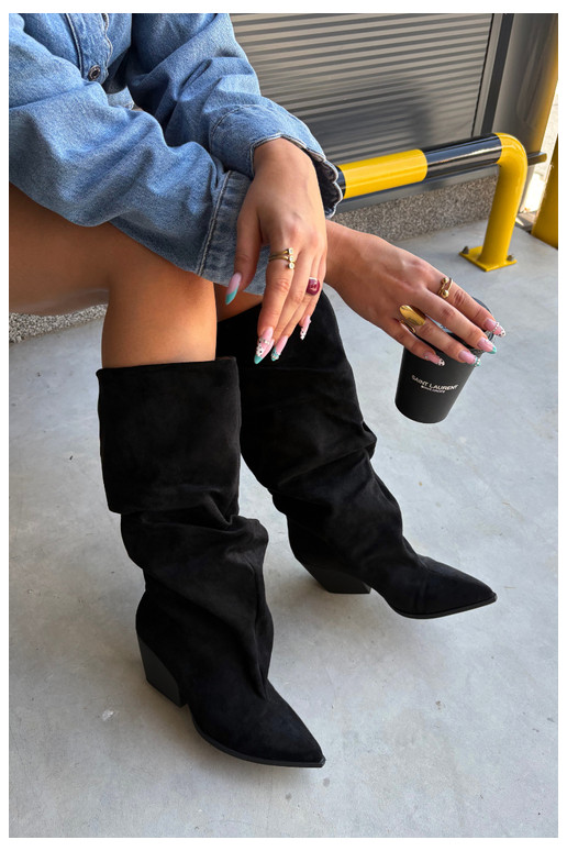 Damen Overknee-Stiefel mit gebogener Oberseite und Absätzen aus Wildleder in schwarzer Durela