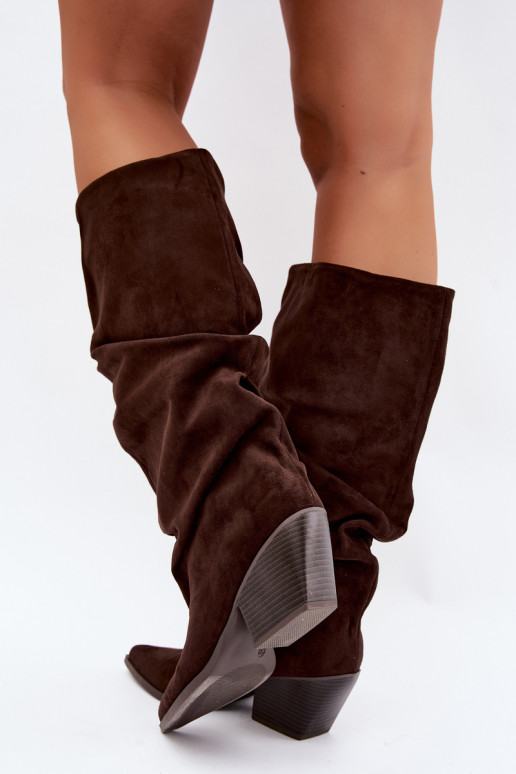 Damen Overknee-Stiefel mit gebogener Oberseite und Absätzen aus Wildleder in schokoladenfarbener Durela