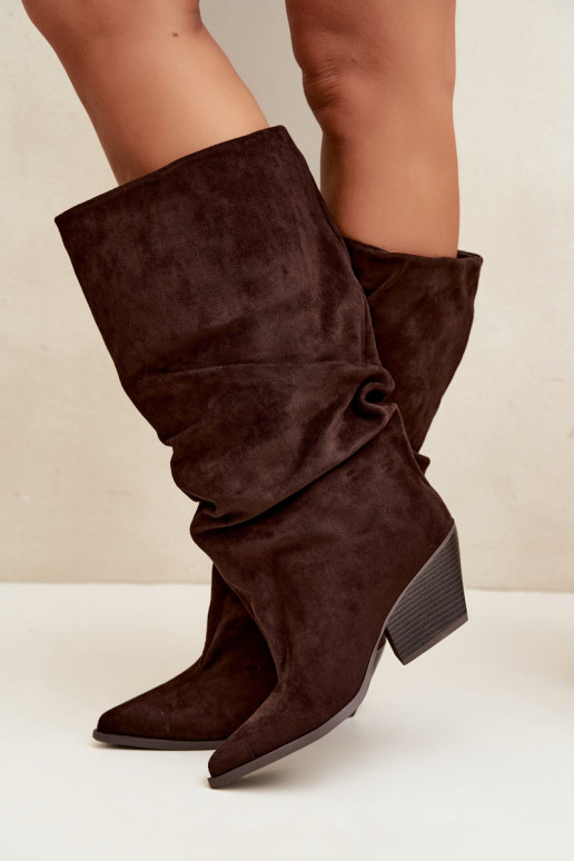 Damen Overknee-Stiefel mit gebogener Oberseite und Absätzen aus Wildleder in schokoladenfarbener Durela