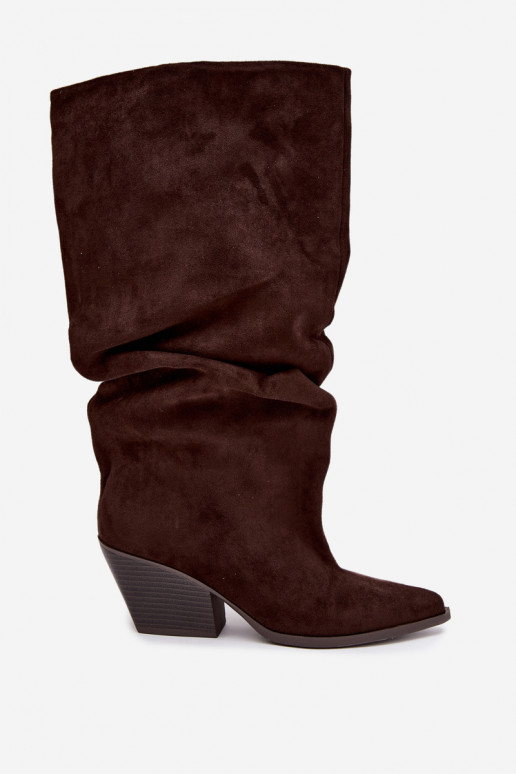 Damen Overknee-Stiefel mit gebogener Oberseite und Absätzen aus Wildleder in schokoladenfarbener Durela
