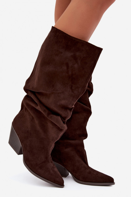 Damen Overknee-Stiefel mit gebogener Oberseite und Absätzen aus Wildleder in schokoladenfarbener Durela