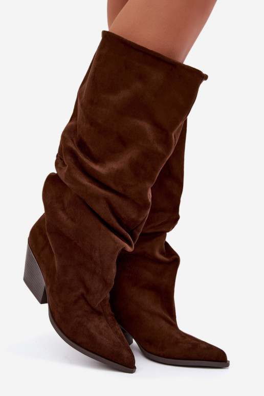 Damen kniehohe Stiefel mit gebogener Oberseite und Absätzen aus Wildleder, braun Durela