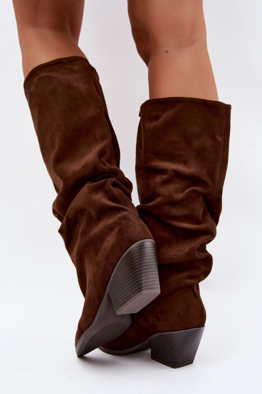 Damen kniehohe Stiefel mit gebogener Oberseite und Absätzen aus Wildleder, braun Durela