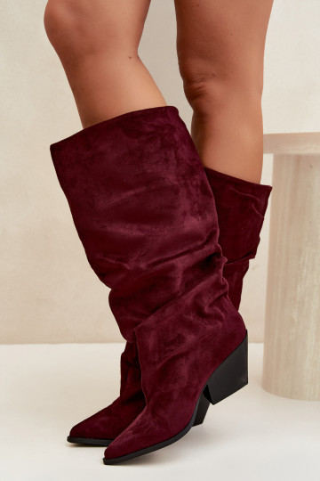 Damen Overknee-Stiefel mit gebogener Oberseite und Absätzen aus Wildleder in burgunderfarbener Durela