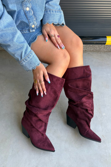 Damen Overknee-Stiefel mit gebogener Oberseite und Absätzen aus Wildleder in burgunderfarbener Durela 2