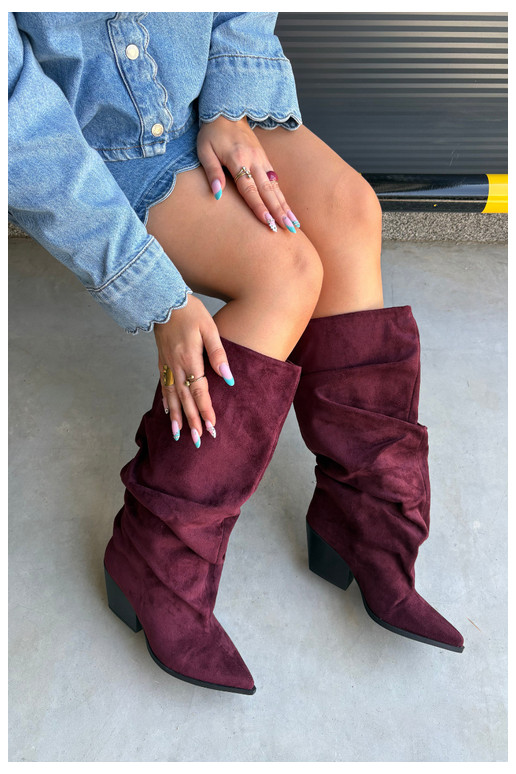 Damen Overknee-Stiefel mit gebogener Oberseite und Absätzen aus Wildleder in burgunderfarbener Durela