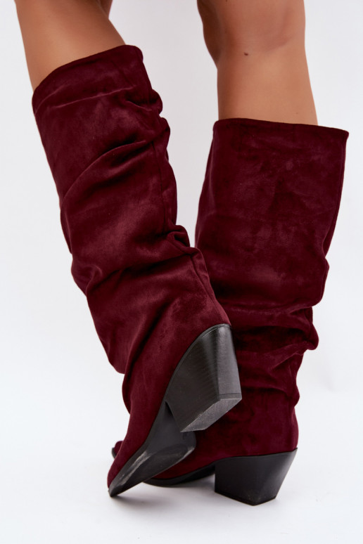 Damen Overknee-Stiefel mit gebogener Oberseite und Absätzen aus Wildleder in burgunderfarbener Durela