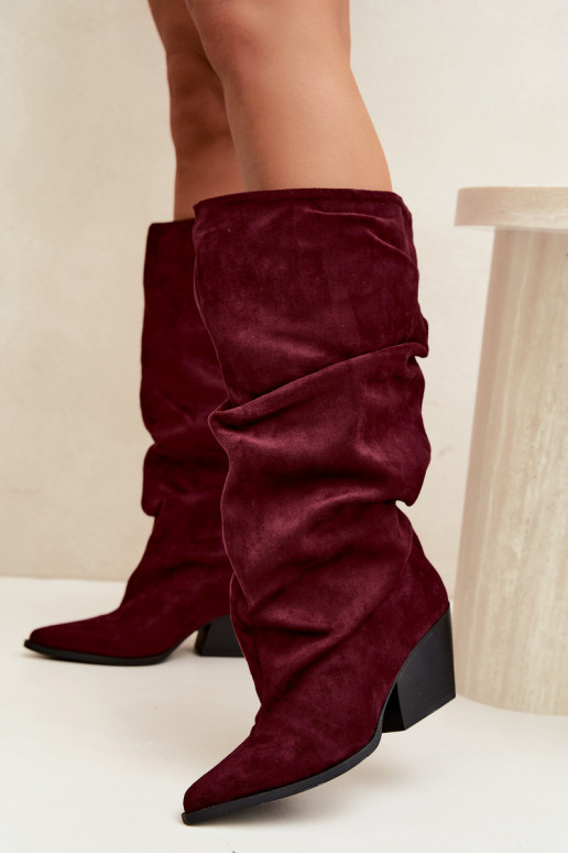Damen Overknee-Stiefel mit gebogener Oberseite und Absätzen aus Wildleder in burgunderfarbener Durela