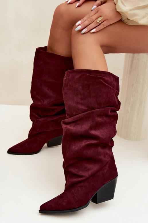 Damen Overknee-Stiefel mit gebogener Oberseite und Absätzen aus Wildleder in burgunderfarbener Durela