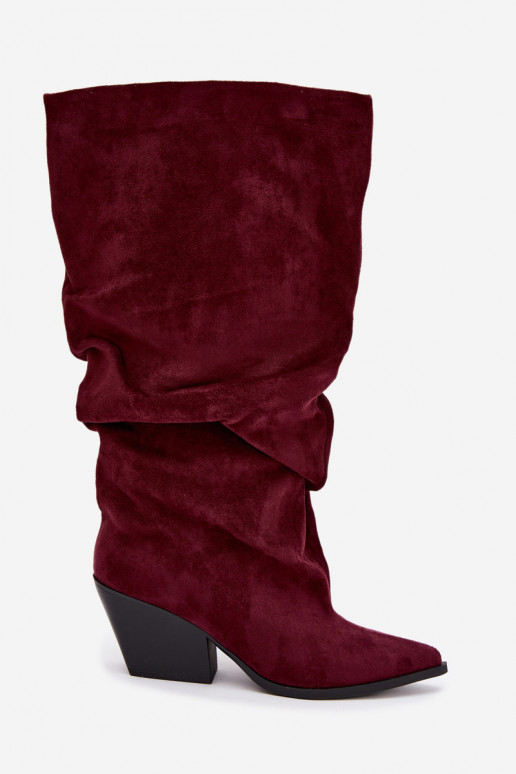 Damen Overknee-Stiefel mit gebogener Oberseite und Absätzen aus Wildleder in burgunderfarbener Durela