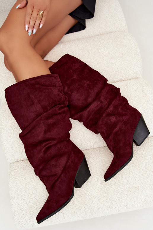 Damen Overknee-Stiefel mit gebogener Oberseite und Absätzen aus Wildleder in burgunderfarbener Durela