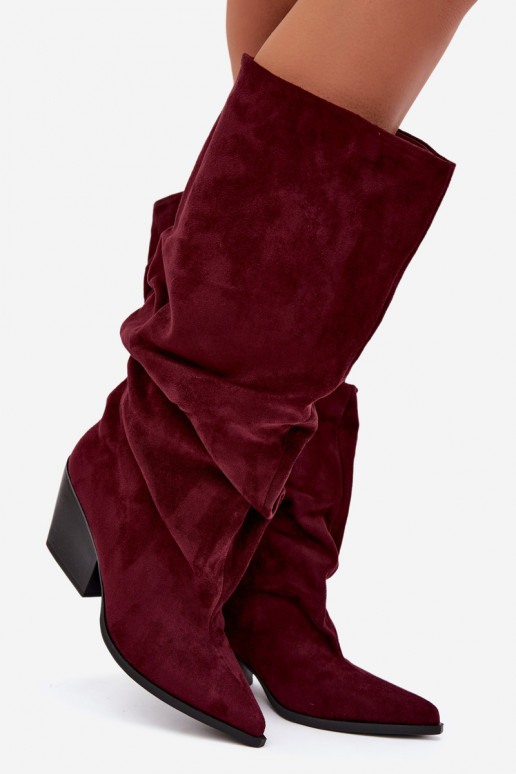 Damen Overknee-Stiefel mit gebogener Oberseite und Absätzen aus Wildleder in burgunderfarbener Durela