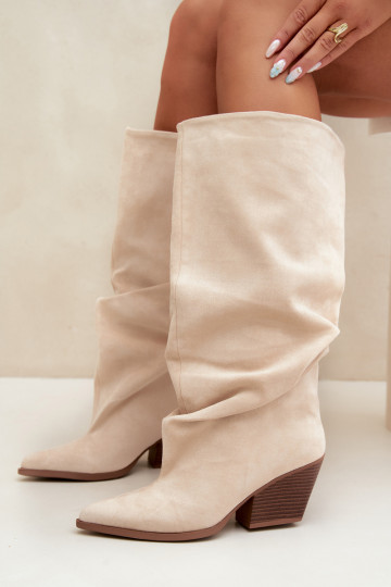 Damen Overknee-Stiefel mit gebogener Oberseite und Absätzen aus Wildleder in sandfarbener Durela