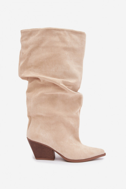 Damen Overknee-Stiefel mit gebogener Oberseite und Absätzen aus Wildleder in sandfarbener Durela