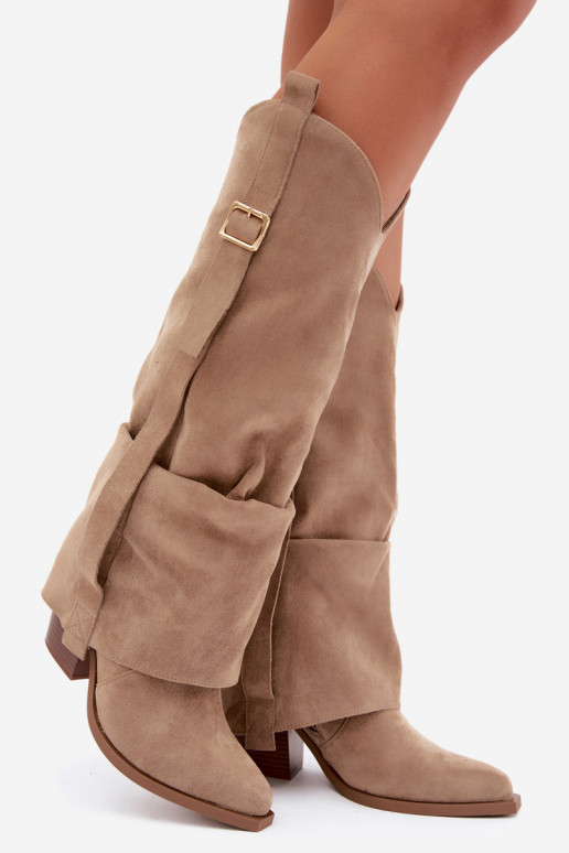 Damen Overknee-Stiefel mit Absätzen, Rüschen und Schnallen in sandfarbener Caster