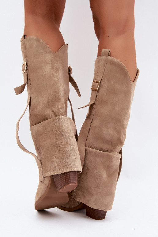 Damen Overknee-Stiefel mit Absätzen, Rüschen und Schnallen in sandfarbener Caster