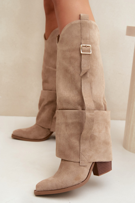 Damen Overknee-Stiefel mit Absätzen, Rüschen und Schnallen in sandfarbener Caster