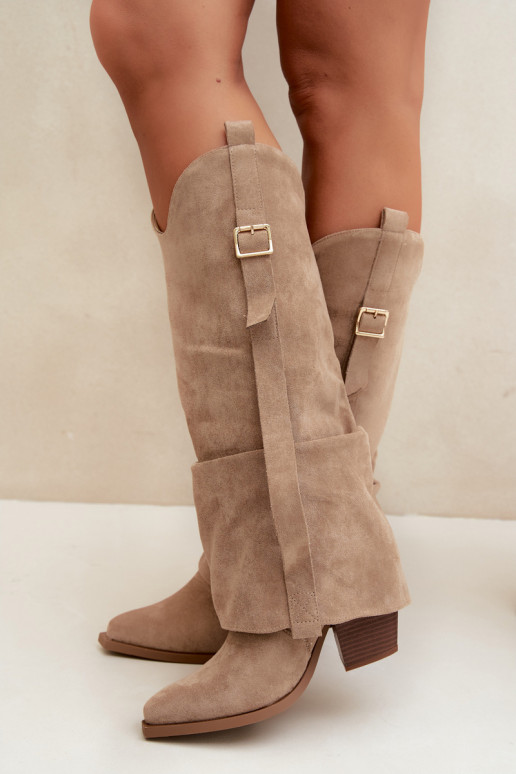 Damen Overknee-Stiefel mit Absätzen, Rüschen und Schnallen in sandfarbener Caster