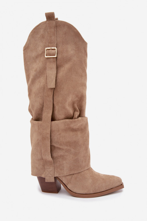 Damen Overknee-Stiefel mit Absätzen, Rüschen und Schnallen in sandfarbener Caster