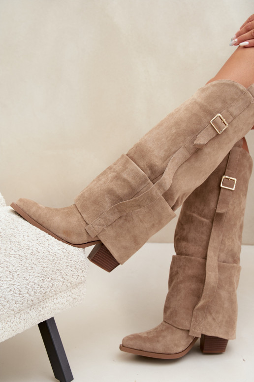 Damen Overknee-Stiefel mit Absätzen, Rüschen und Schnallen in sandfarbener Caster