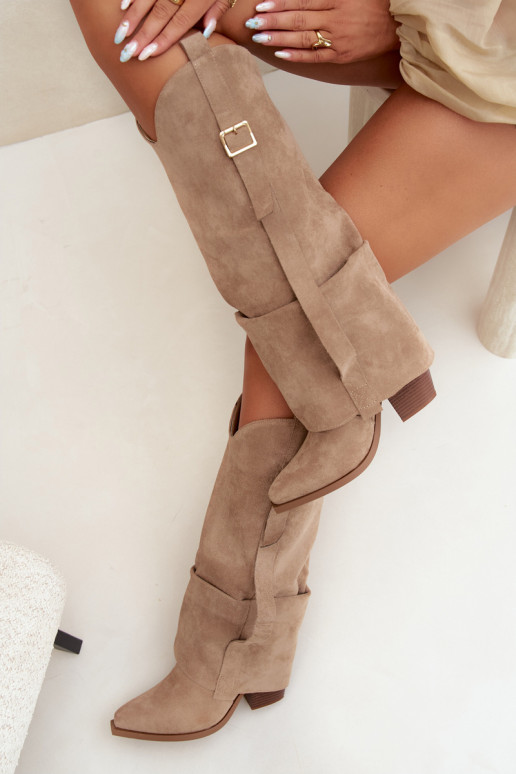 Damen Overknee-Stiefel mit Absätzen, Rüschen und Schnallen in sandfarbener Caster