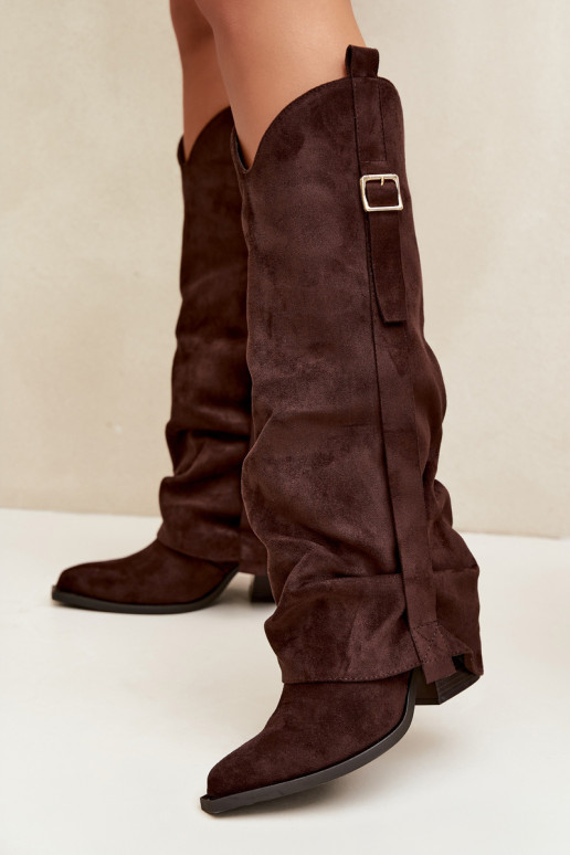 Damen Overknee-Stiefel mit Absätzen, Rüschen und Schnallen in schokoladenfarbener Caster
