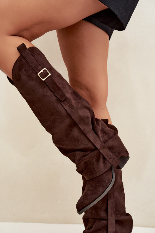 Damen Overknee-Stiefel mit Absätzen, Rüschen und Schnallen in schokoladenfarbener Caster