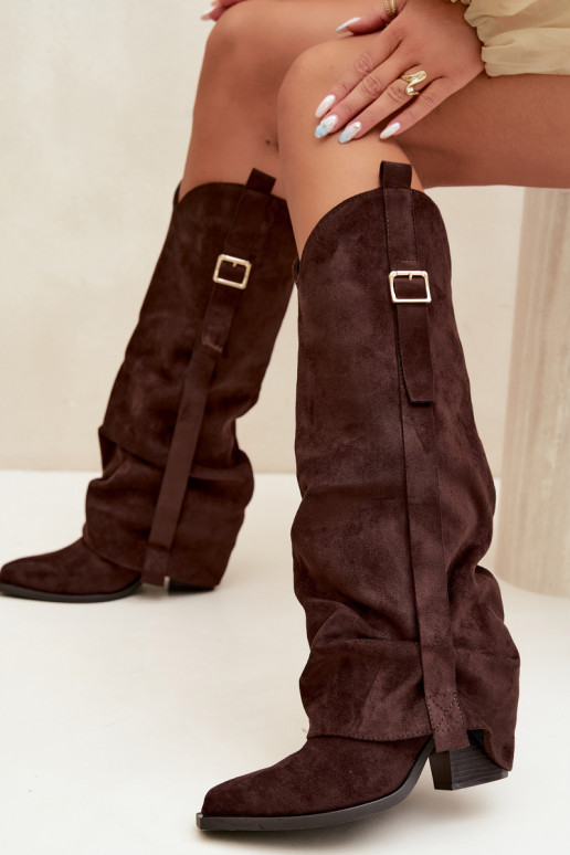 Damen Overknee-Stiefel mit Absätzen, Rüschen und Schnallen in schokoladenfarbener Caster
