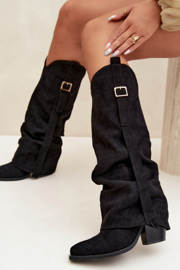 Schwarze Damenstiefel bis zum Knie mit Absätzen und Schnallen Caster