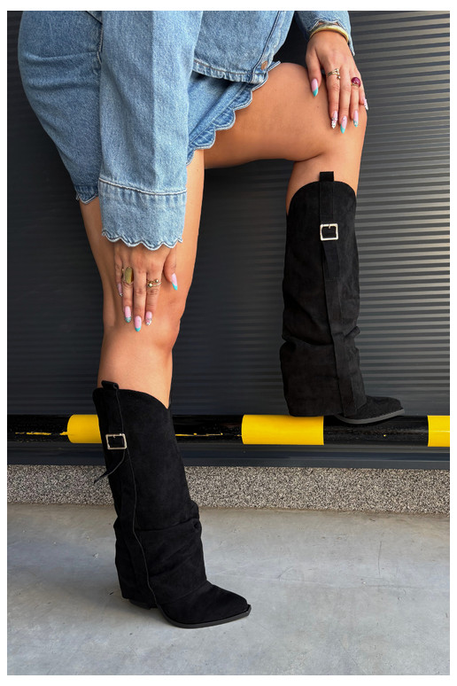 Schwarze Damenstiefel bis zum Knie mit Absätzen und Schnallen Caster