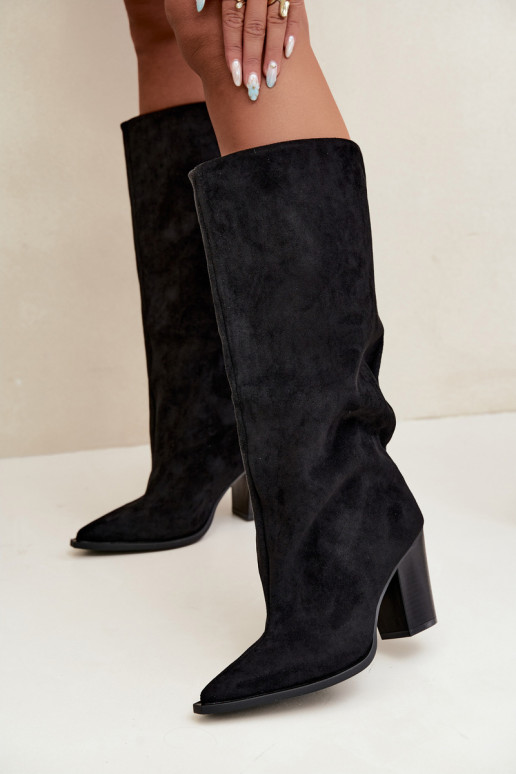 Damen kniehohe Stiefel zum Hineinschlüpfen aus Kunstveloursleder in schwarzer Farbe Carmina