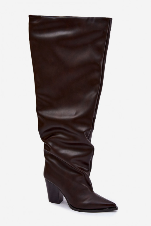 Damen lange Stiefel mit Absatz im Slipper-Stil aus schokoladenfarbenem Kunstleder Anica