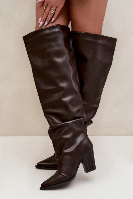 Damen lange Stiefel mit Absatz im Slipper-Stil aus schokoladenfarbenem Kunstleder Anica