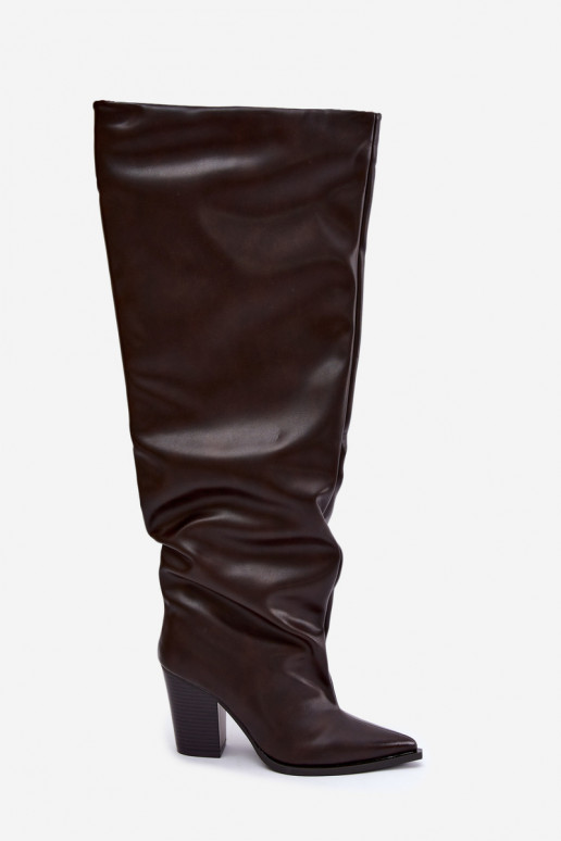 Damen lange Stiefel mit Absatz im Slipper-Stil aus schokoladenfarbenem Kunstleder Anica