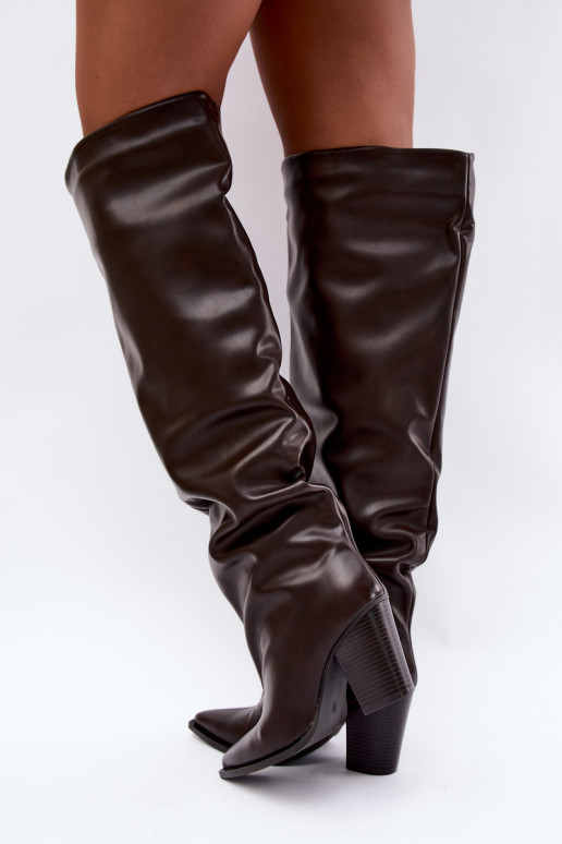 Damen lange Stiefel mit Absatz im Slipper-Stil aus schokoladenfarbenem Kunstleder Anica