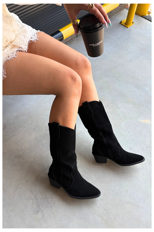 Kniehohe Cowboy-Stiefel aus natürlichem Wildleder mit Isolierung und Absatz in schwarzer Farbe Radley