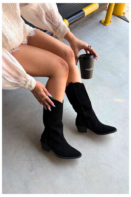 Kniehohe Cowboy-Stiefel aus natürlichem Wildleder mit Isolierung und Absatz in schwarzer Farbe Radley