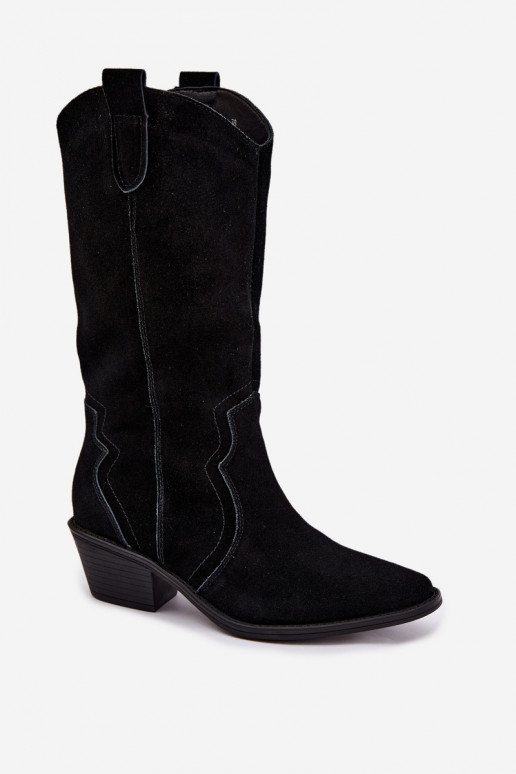 Kniehohe Cowboy-Stiefel aus natürlichem Wildleder mit Isolierung und Absatz in schwarzer Farbe Radley