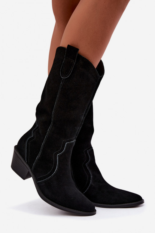 Kniehohe Cowboy-Stiefel aus natürlichem Wildleder mit Isolierung und Absatz in schwarzer Farbe Radley