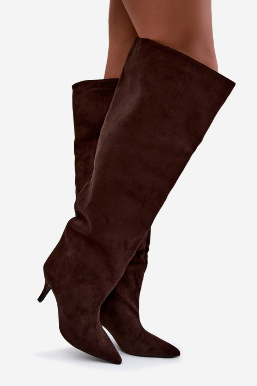 Slip-On Damenkniehohe Stiefel mit dünnen Absätzen in schokoladenfarbener Corly