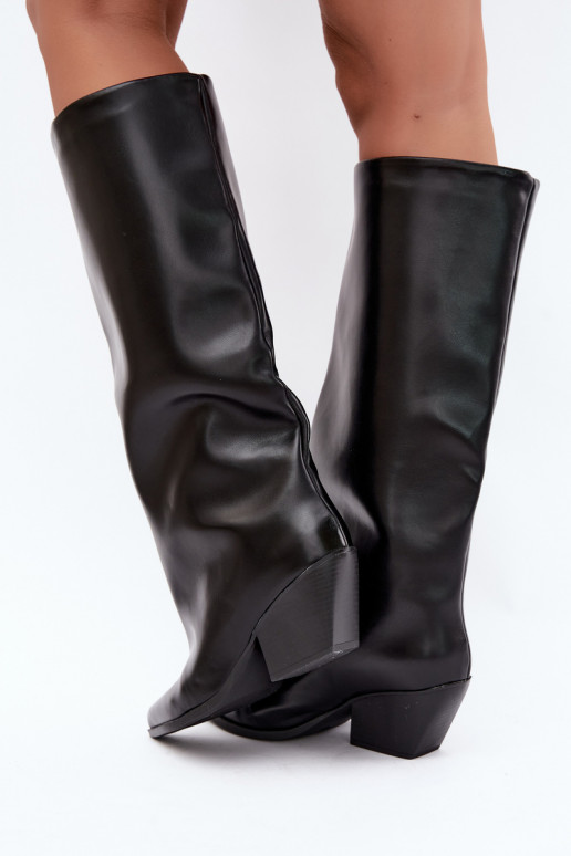 Schwarze Slipper-Stiefel mit Absatz und spitzem Zehenbereich aus Kunstleder Blenia