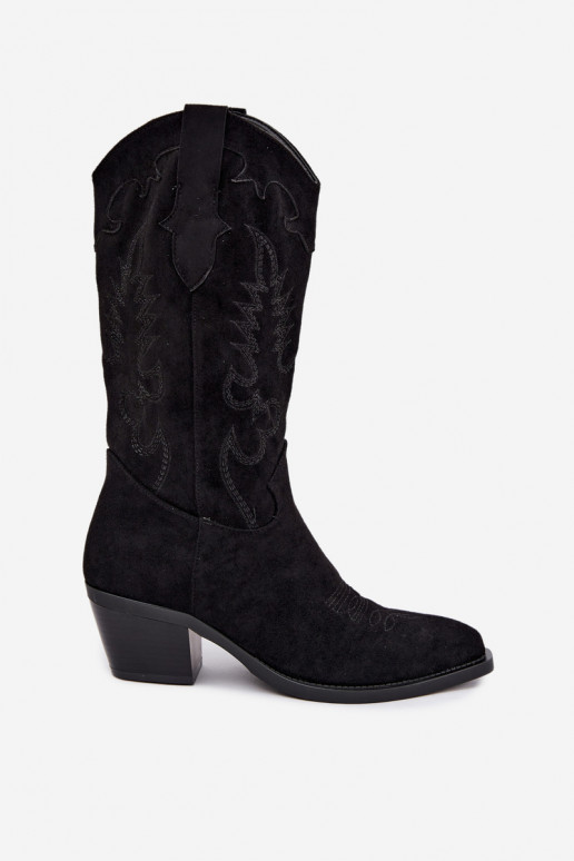 Schwarze Kunstveloursleder Stiefel im Cowboy-Stil mit Absätzen Jarissa