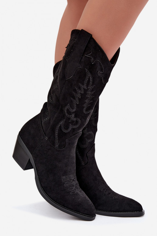 Schwarze Kunstveloursleder Stiefel im Cowboy-Stil mit Absätzen Jarissa