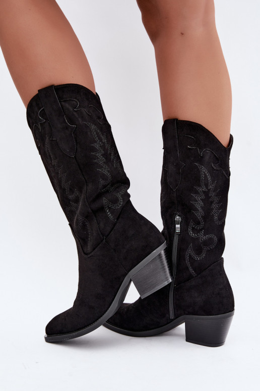 Schwarze Kunstveloursleder Stiefel im Cowboy-Stil mit Absätzen Jarissa