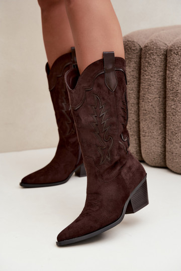 Schokoladenfarbene Kunstveloursleder Stiefel im Cowboy-Stil mit Absätzen Jarissa