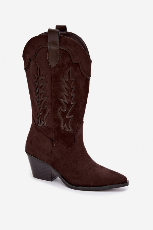 Schokoladenfarbene Kunstveloursleder Stiefel im Cowboy-Stil mit Absätzen Jarissa